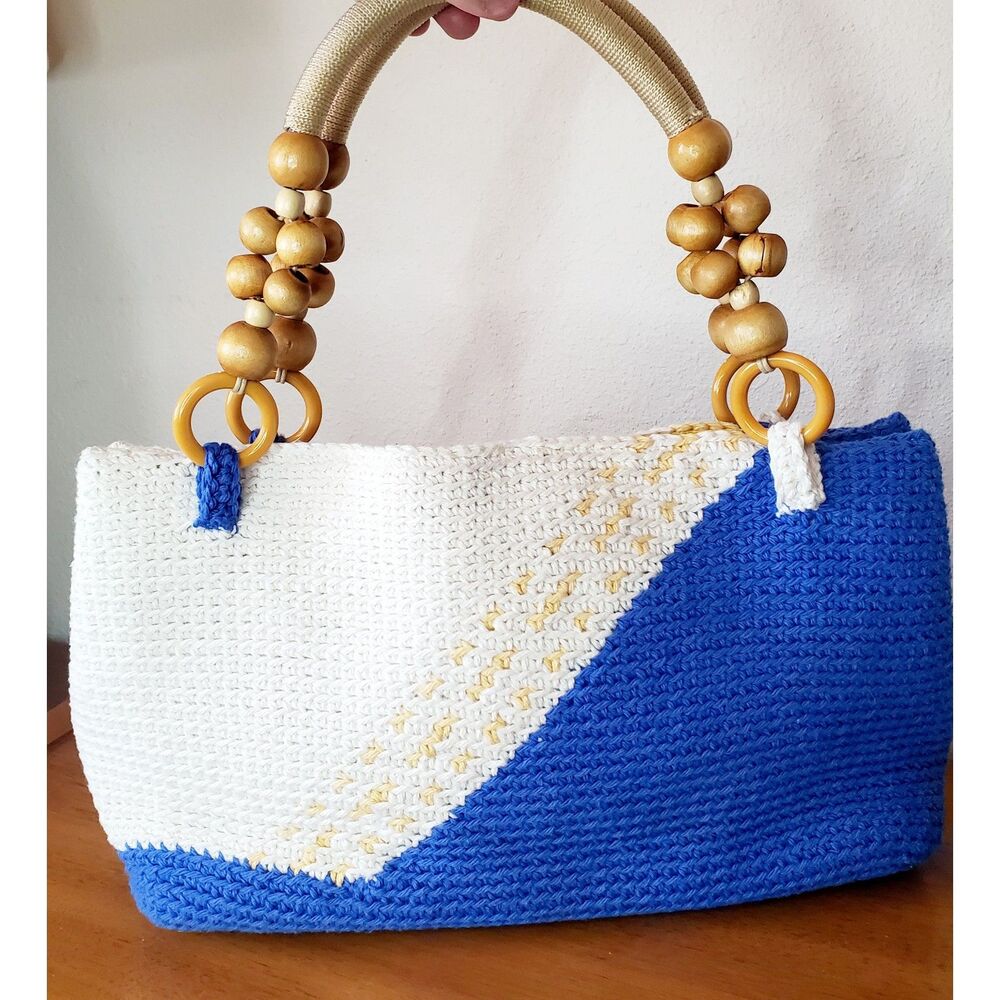 Handmade Knit Crochet Purse Hand Bag Summer Blue White Casual Beach Tiki - Picture 2 of 12